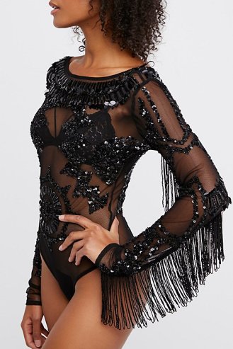 The That’s My Boo Bodysuit from Free People. Stunning sheer mesh bodysuit featuring allover sequin and bead embellishments. Available at www.FreePeople.com for $198